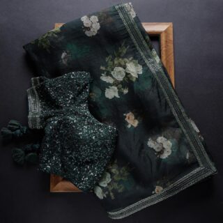 Dark Green Organza Silk Digital Print Saree With Blouse