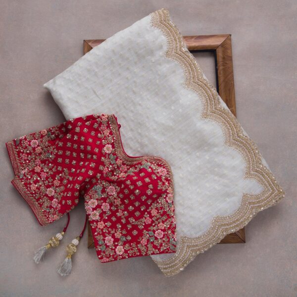 White And Red Colour Rangoli Silk Sequence Embroidery Work Saree With Blouse