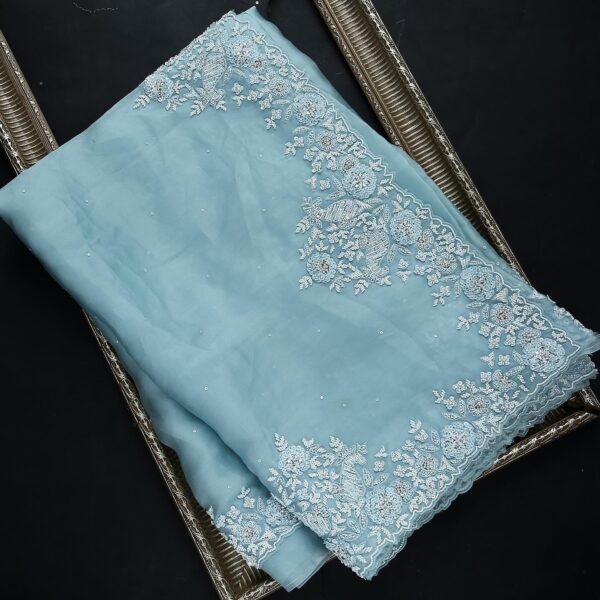 Sky Blue Colour Rangoli Silk Sequence Embroidery Work Saree With Blouse - Image 3