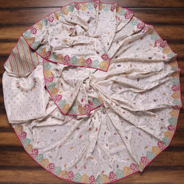 Attractive Beige Rangoli Silk Saree With Comely Blouse - Image 3