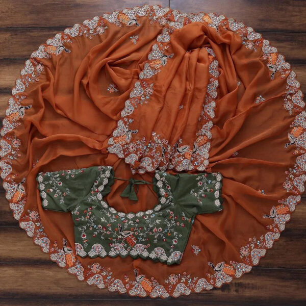 Orange Green Colour Rangoli Silk Sequence Embroidery Work Saree With Blouse - Image 3