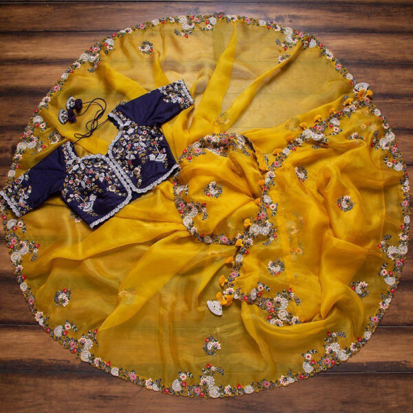 Yellow Colour Rangoli Silk Sequence Embroidery Work Saree With Blouse - Image 3