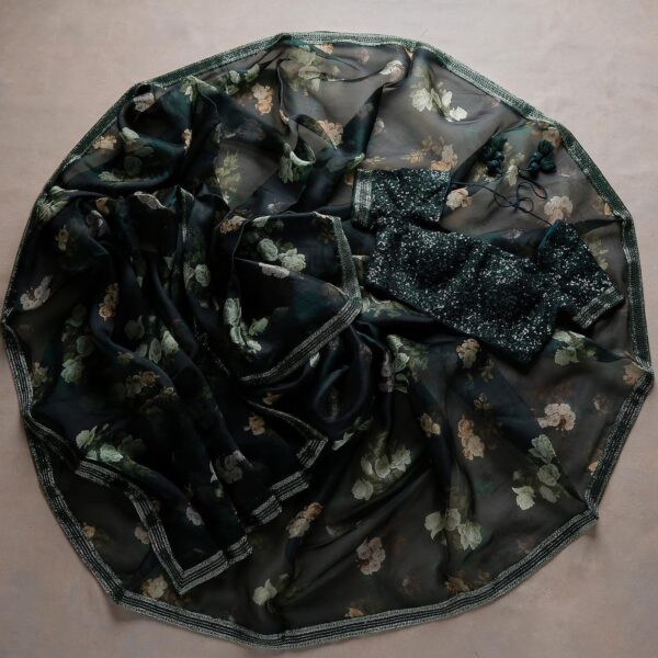 Dark Green Organza Silk Digital Print Saree With Blouse - Image 3