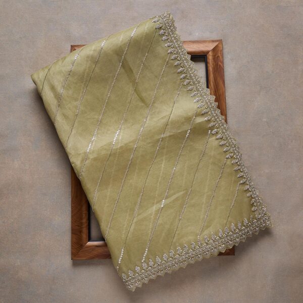 Green Beige Sequins Embroidered Organza Saree - Image 4