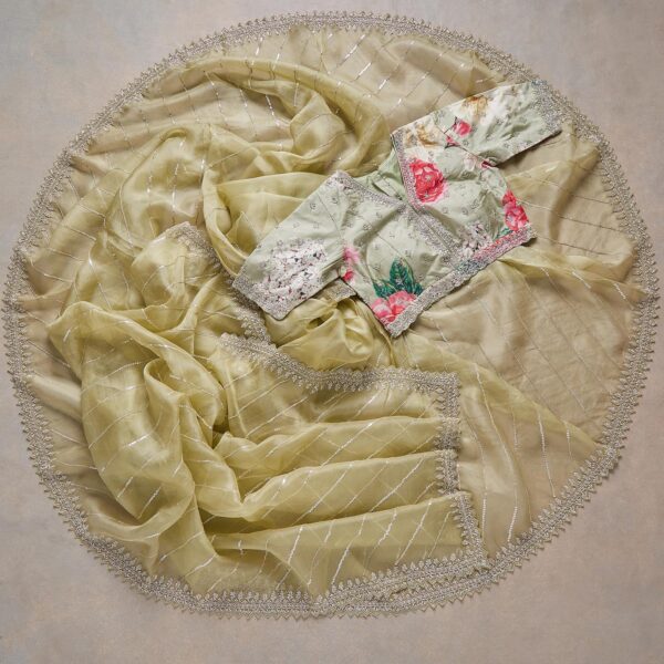 Green Beige Sequins Embroidered Organza Saree - Image 5