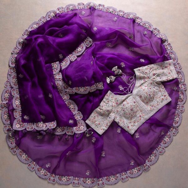 Purple Organza Silk Embroidery Work Saree With Blouse - Image 3