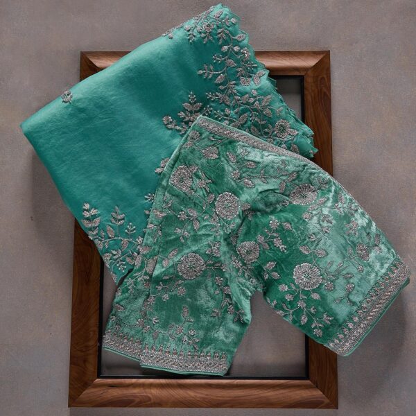 Firozi Colour Rangoli Silk Sequence Embroidery Work Saree With Blouse - Image 3