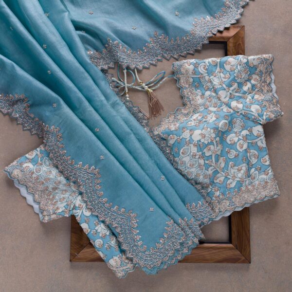 Sky Blue Colour Rangoli Silk Sequence Embroidery Work Saree With Blouse - Image 4