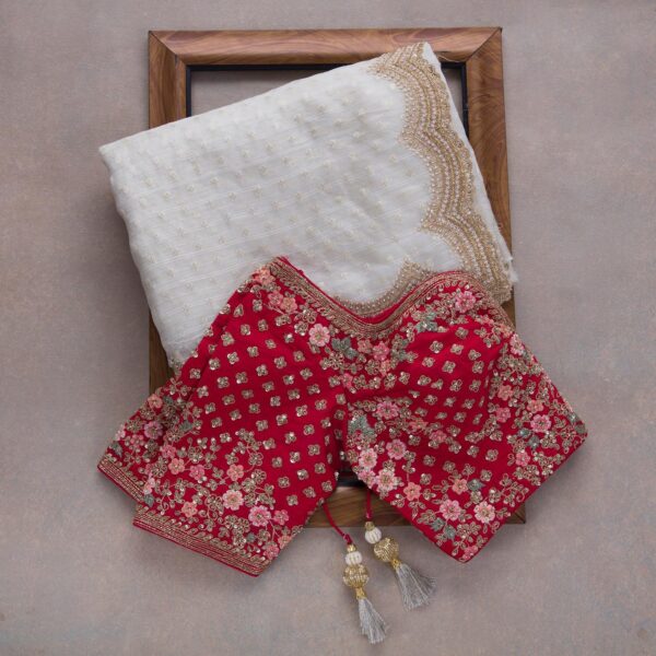 White And Red Colour Rangoli Silk Sequence Embroidery Work Saree With Blouse - Image 4