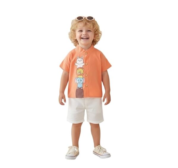 Baby Boys 100% Cotton Shirt | Soft Breathable Fabric with Cute Cartoon Print | Half Sleeve Button Front Shirt | Comfortable Stylish Top Wear for Babies